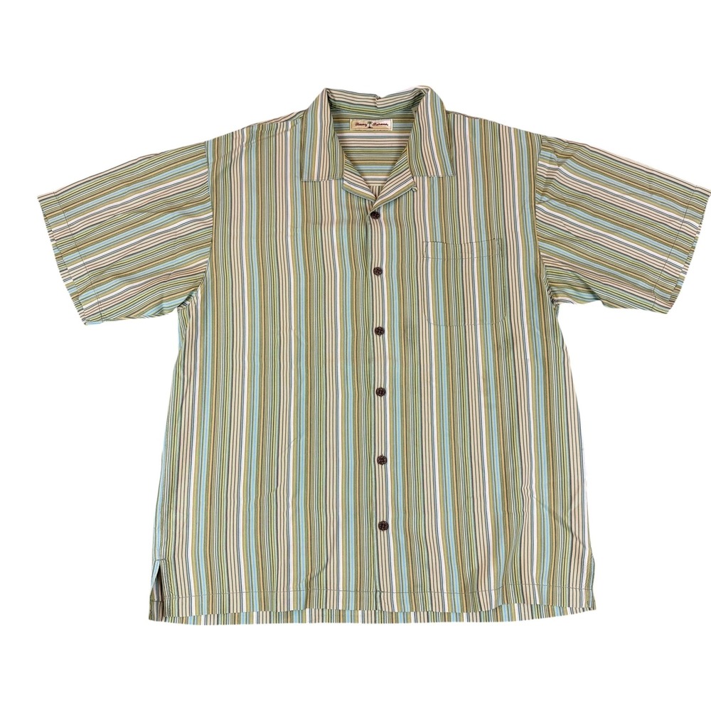 Tommy Bahama Button Down Shirt Mens Large Green Striped 100% Silk Camp Collar